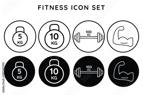 Fitness icon set gym, workout, weightlifting, exercise, kettlebell, barbell muscle strength, powerlifting, bodybuilding training equipment, healthy lifestyle vector illustration.