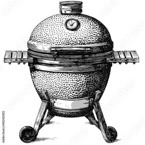 Ceramic Kamado Grill, vintage woodcut engraving style, black sketch, old engraving, backyard BBQ grill illustration, charcoal cooking, traditional smoker, rustic kitchen art, retro BBQ,