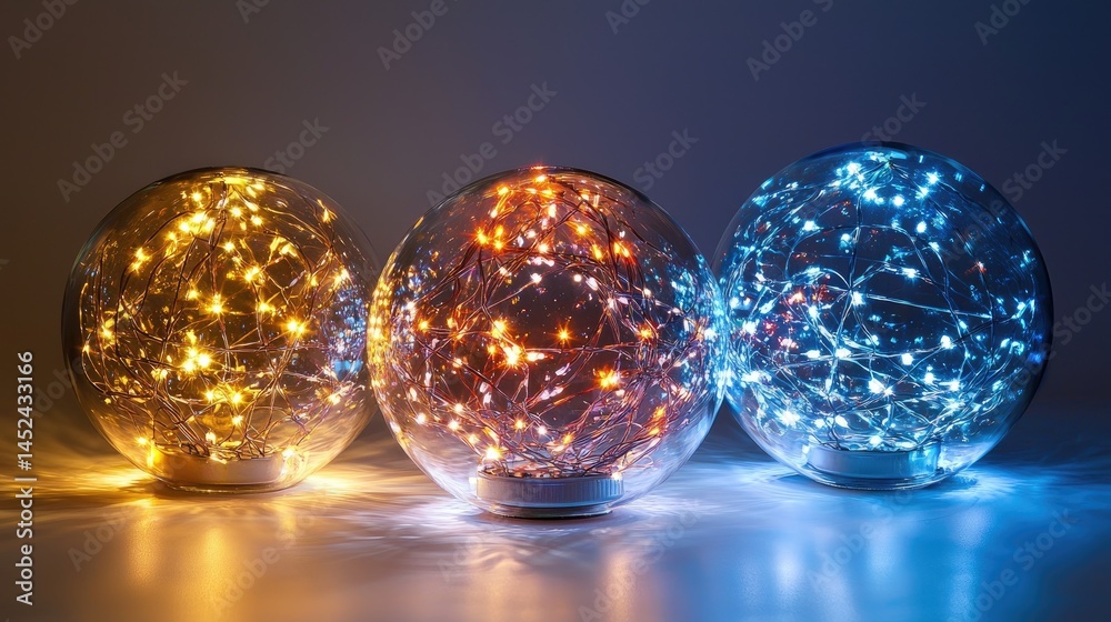 Three glass spheres filled with colorful string lights. Three glass spheres filled with colorful string lights.