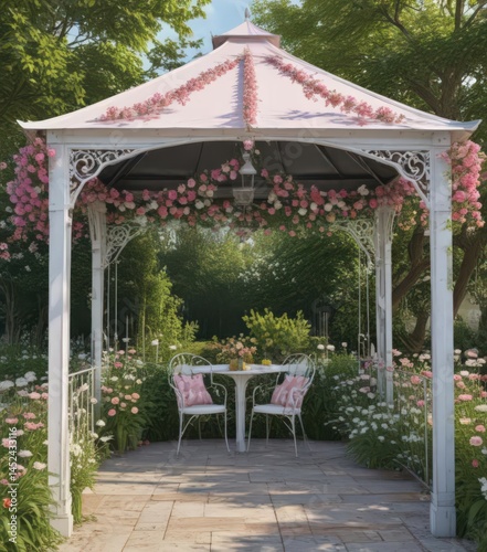 Pink and white floral bunting adorns a metal garden gazebo, creating a charming outdoor scene , event, decoration, spring