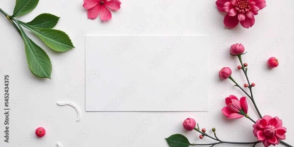 Obraz premium Empty business card, decorative elements, white background Top view mockup, wedding, elements