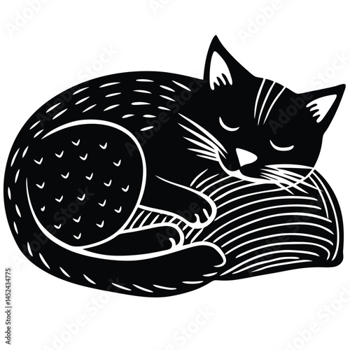 Sleeping Black Cat Illustration A Peaceful Curled-Up Feline Design
