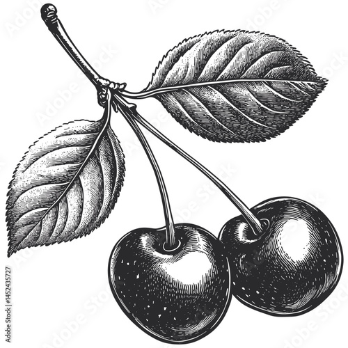 Black sketch cherries, leaf detail, woodcut style vintage illustration, retro fruit artwork, hand drawn cherry branch, botanical line drawing, rustic cherry fruit, antique orchard print