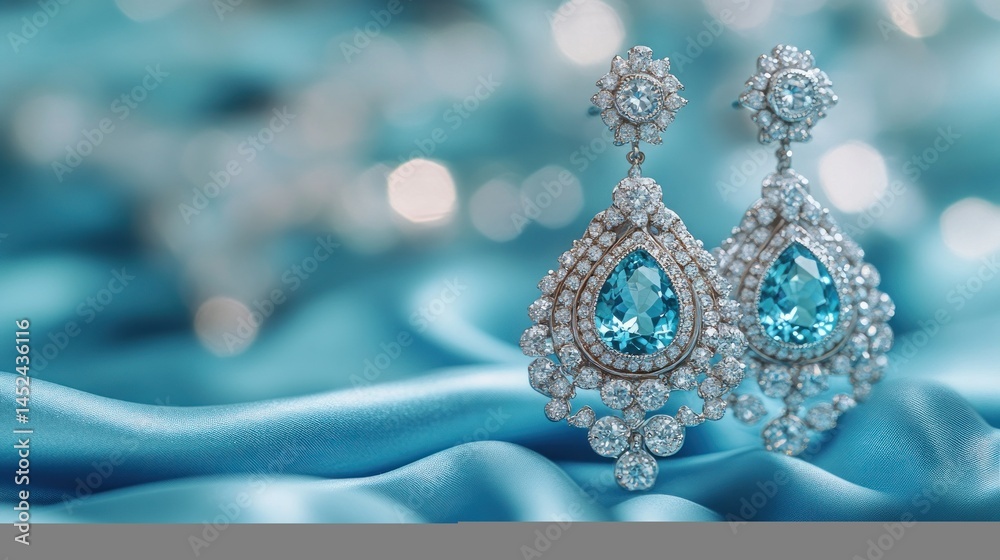 Obraz premium Exquisite dangle earrings featuring dazzling blue gemstones and diamonds on a luxurious silk backdrop