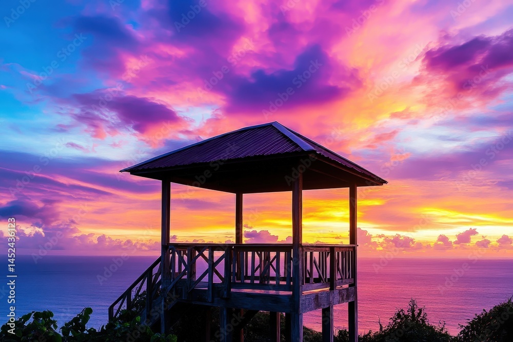 Dramatic sunset view over the ocean from a wooden gazebo. Dramatic sunset view over the ocean from a wooden gazebo.