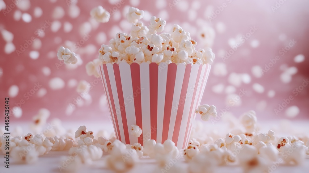 Popcorn kernels playfully rain down into and around a pink-and-white striped cup, creating a dynamic and fun scene against a soft pink background. Popcorn kernels playfully rain down into and around a pink-and-white striped cup, creating a dynamic and fun scene against a soft pink background.