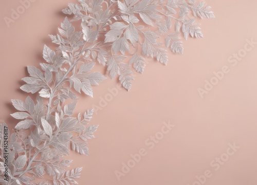 Intricate silver lace border, delicate leaves on soft blush backdrop,  abstract,  elegant