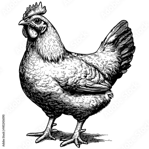 Vintage chicken illustration, black and white sketch, old engraving style, grunge effect, trendy vector art, rustic poultry print, farm animal, hand drawn bird, retro artwork,