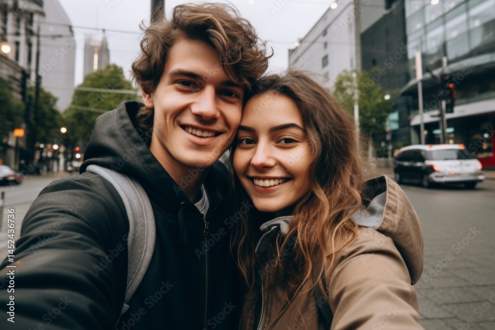close up of a Caucasian couple taking selfie while walking in the city of Tokyo close up of a Caucasian couple taking selfie while walking in the city of Tokyo