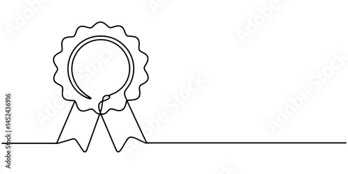 Single continuous line drawing of the best quality award badge with gold star winning medal illustration, Award ribbon badge continuous one line drawing illustration, Award Badge continuous one line.
