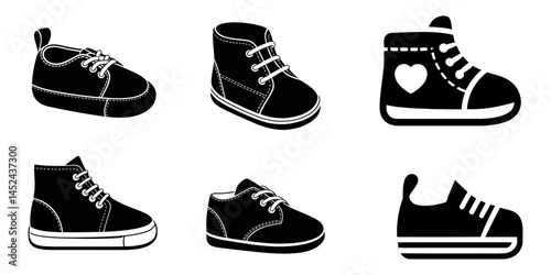 Baby Shoes Icon on Black and White Vector Backgrounds, Shoes silhouette, Sneaker Icon with Long Shadow, Baby Shoe, Newborn shoe silhouette against a simple background, Kid's Shoes, Baby Shoes.