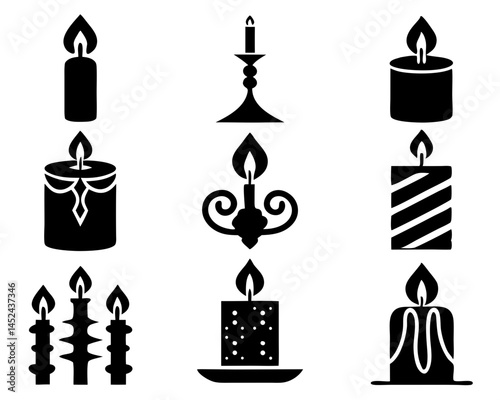 Candle Silhouette Icon Set – 9 Decorative Flame Vectors illustration