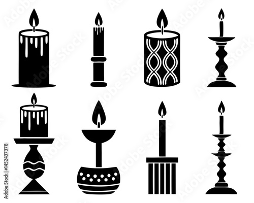 Candle Silhouette Icon Set – 9 Decorative Flame Vectors illustration