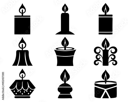 Candle Silhouette Icon Set – 9 Decorative Flame Vectors illustration