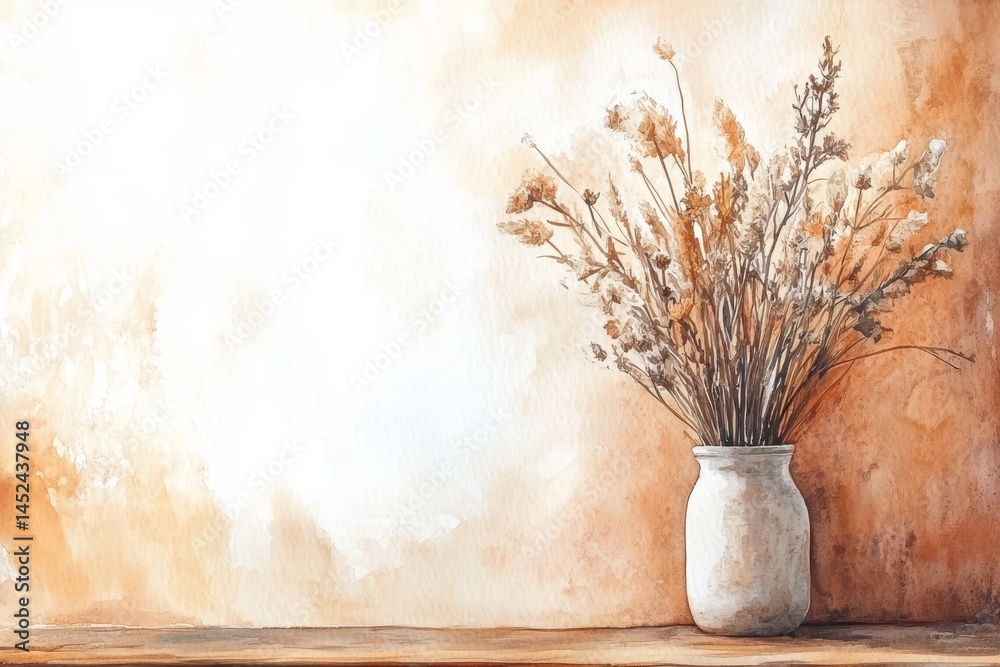 Fototapeta premium Dried Flowers in a Jar - Dried flowers in a white jar against a warm orange background. Simple, elegant still life