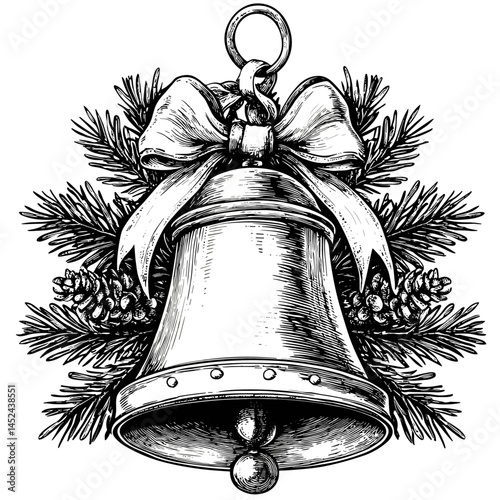 Christmas bell, vintage woodcut engraving, hand drawn vector illustration, old sketch, black ink, retro holiday decor, rustic art, winter ornament, traditional style, antique illustration