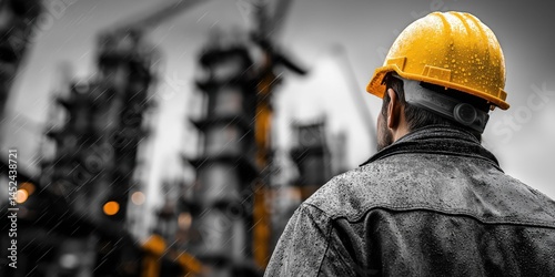 Wallpaper Mural A worker wearing a yellow hard hat observes a construction site in the rain, with blurred structures in the background. Torontodigital.ca