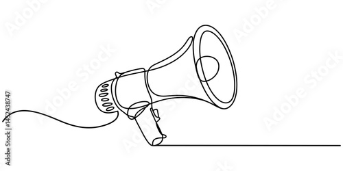 Megaphone Continuous Line Icon, Continuous line drawing Holding by hand megaphone Speaker Single Line Icon vector illustration, Megaphone icon continuous one line drawing, Public horn speaker in one.