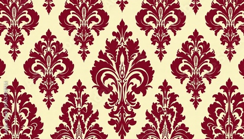 Bold, symmetrical damask pattern in rich burgundy and cream , seamless, scroll