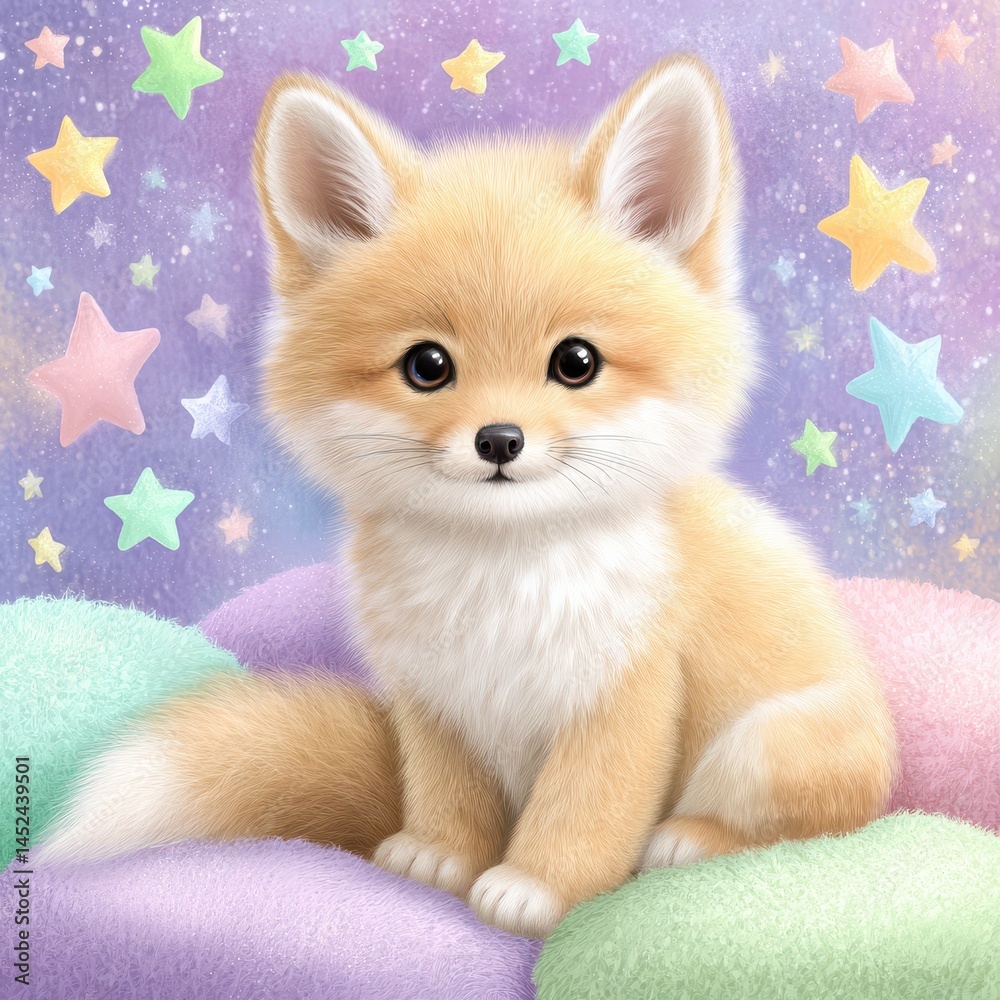 Obraz premium Adorable Orange Fox Kit on Pastel Clouds Under a Starry Night Sky