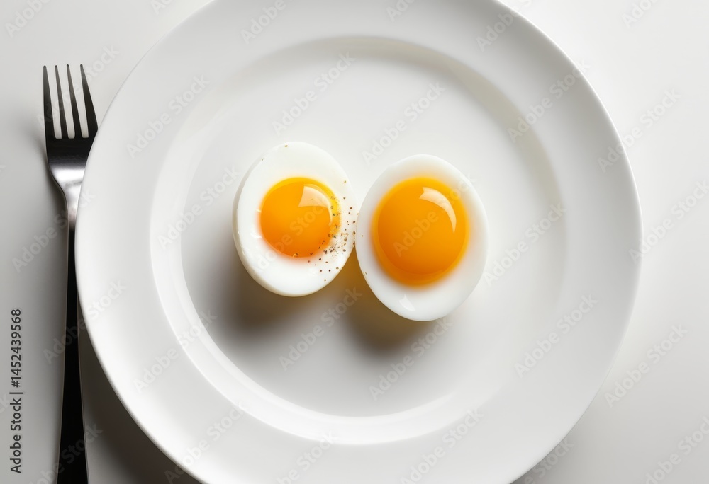 Two eggs on a plate have forks and knives Two eggs on a plate have forks and knives