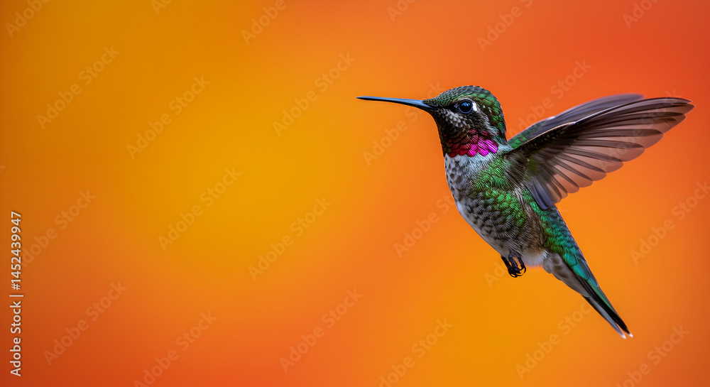 Fototapeta premium Vibrant Hummingbird in Flight Against Colorful Orange Background