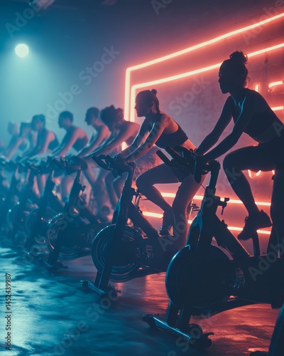 Group of People in a Spinning Class with Neon Lights and Synchronized Pedaling