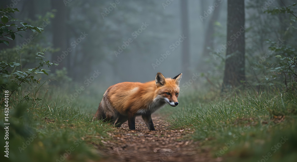 Fototapeta premium Majestic Red Fox Wandering Through Misty Forest in Early Morning Light