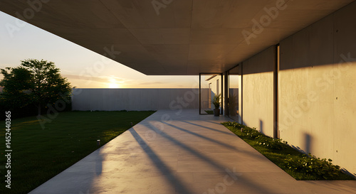 Modern Architecture Featuring Geometric Design With a View of Green Yard at Sunset