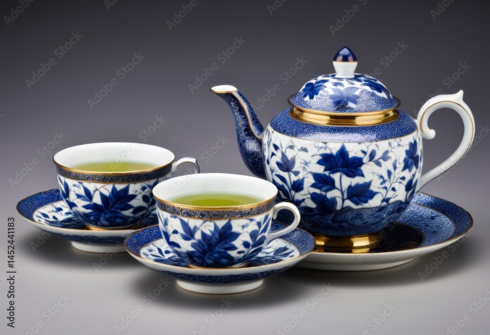 There are three cups and a teapot on a saucer There are three cups and a teapot on a saucer