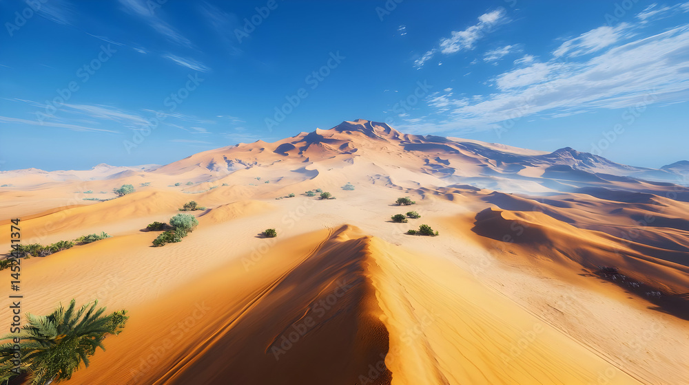 Fototapeta premium Vast desert landscape with a mountain range under a vibrant sky. Sparse vegetation and dunes dominate the foreground
