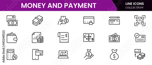 Money and payment are simple, minimal, thin line icons. Related money, credit card, atm, purchase, bill. Editable stroke. Vector illustration.