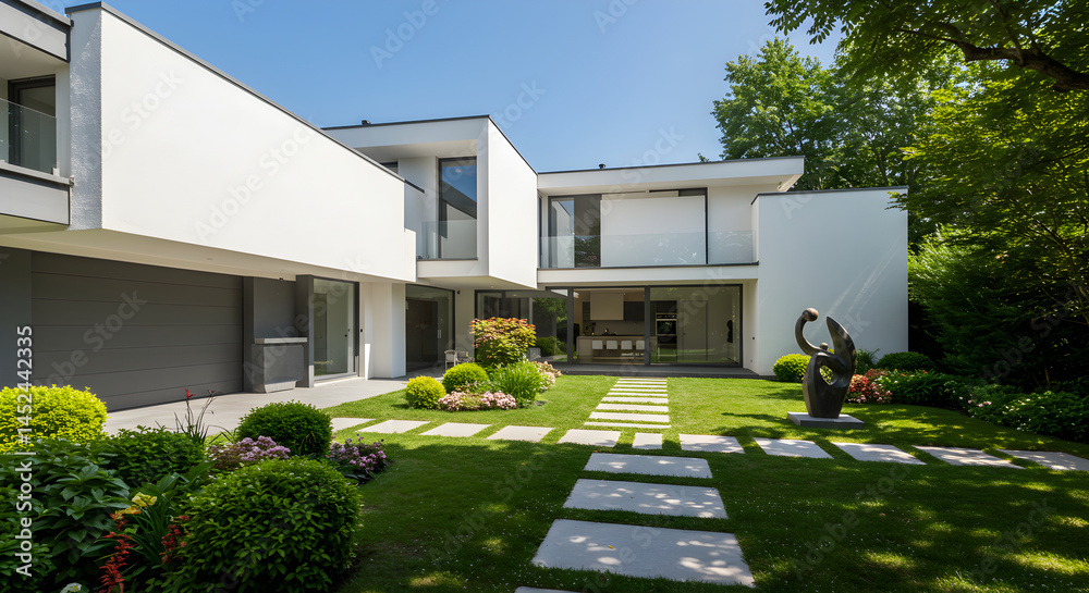 Fototapeta premium Modern Residence Showcasing Landscaped Garden And Striking Architectural Design