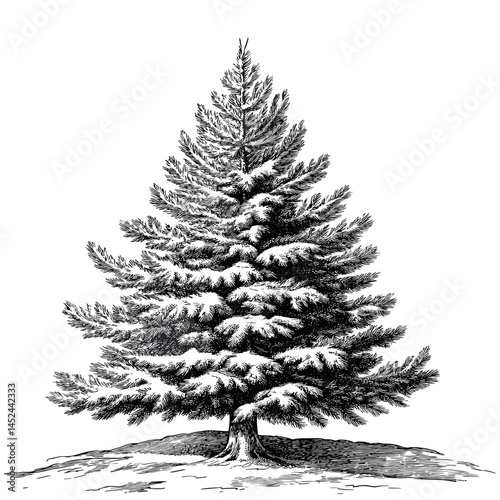 Christmas tree vintage style, woodcut engraving, black sketch, old-fashioned vector illustration, classic xmas pine art, rustic tree design, nostalgic holiday scene, etching tree