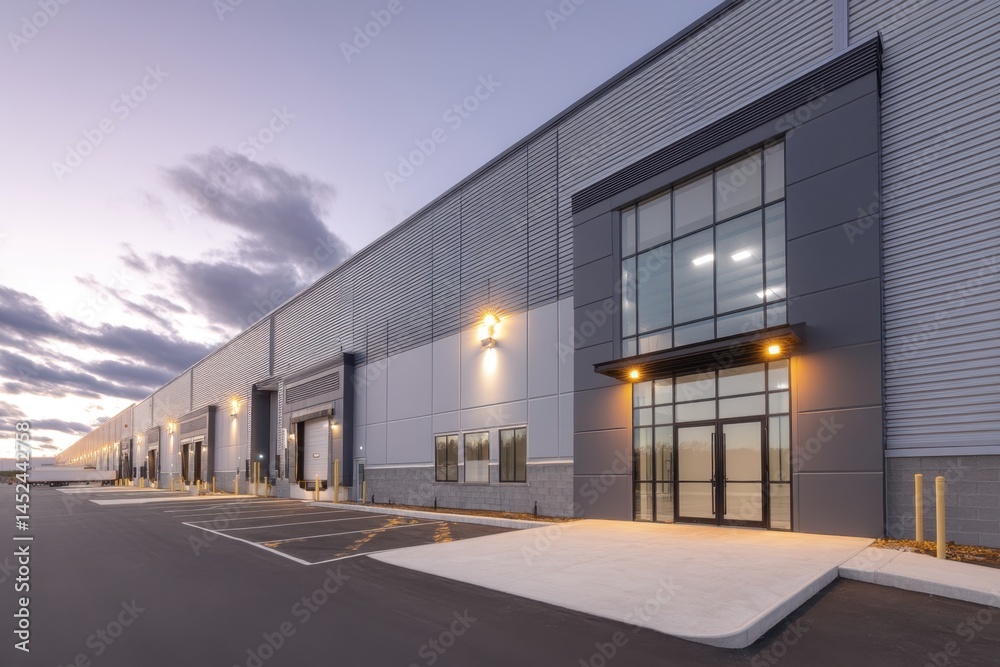 Modern Distribution Center Opens with Loading Docks at Sunset