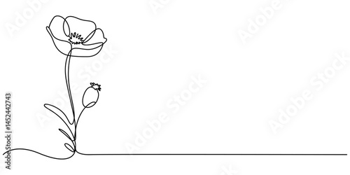 Poppy, Remembrance Day or Veterans Day Continuous Line Drawing with Editable Stroke and Copy Space, Flower, floral leaf one line art. One continuous line art leaf, flower minimal design. Editable.