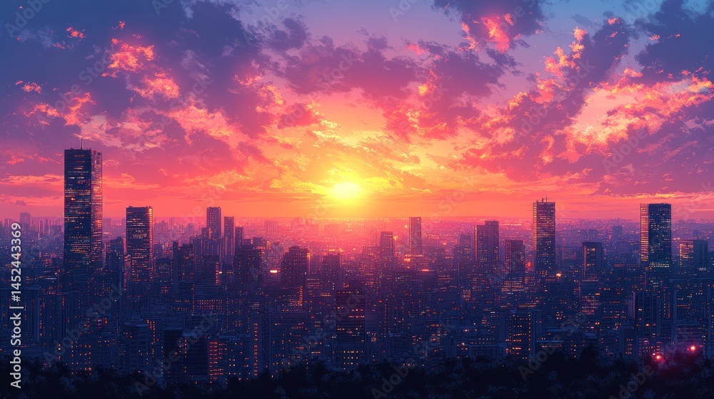 Fototapeta premium Cityscape sunset, vibrant sky, urban glow, evening horizon