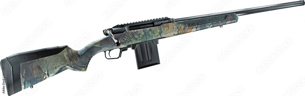 High powered bolt action rifle with a camouflage stock
