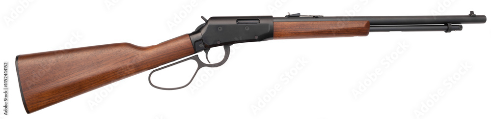 Wood stocked lever-action rifle with oversized lever loop Wood stocked lever-action rifle with oversized lever loop