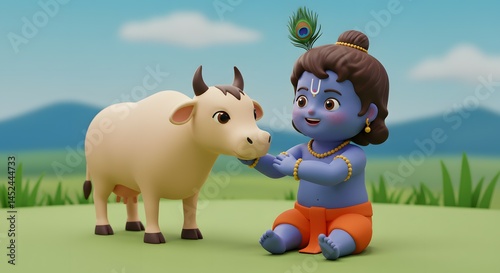 Adorable 3D Krishna and Cow
