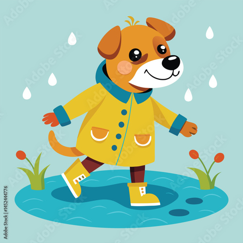 A cute dog wearing a yellow raincoat and boots, standing in a puddle with rain drops around, a whimsical, colorful, and cheerful illustration style.

