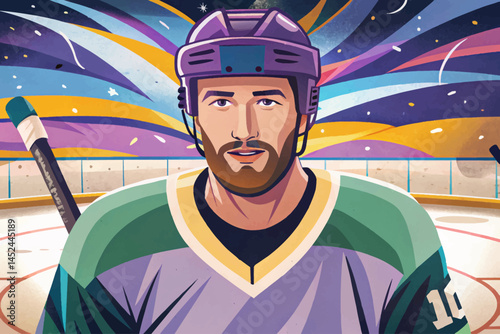 ice hockey player portrait on ice rink vector. Dynamic sports moment ideal for athletic branding, competition visuals, and winter team sport