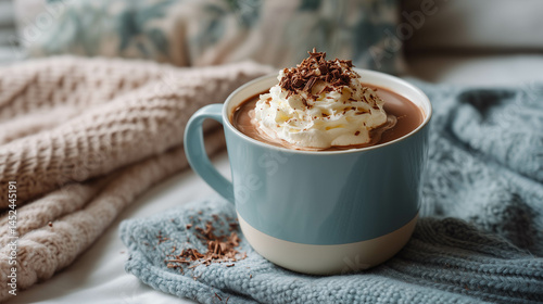 A hot chocolate overflowing with whipped cream and chocolate shavings, with a cozy winter blanket.