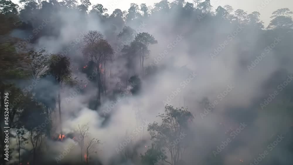 Forest fire spreads through dense jungle, creating thick smoke clouds Forest fire spreads through dense jungle, creating thick smoke clouds