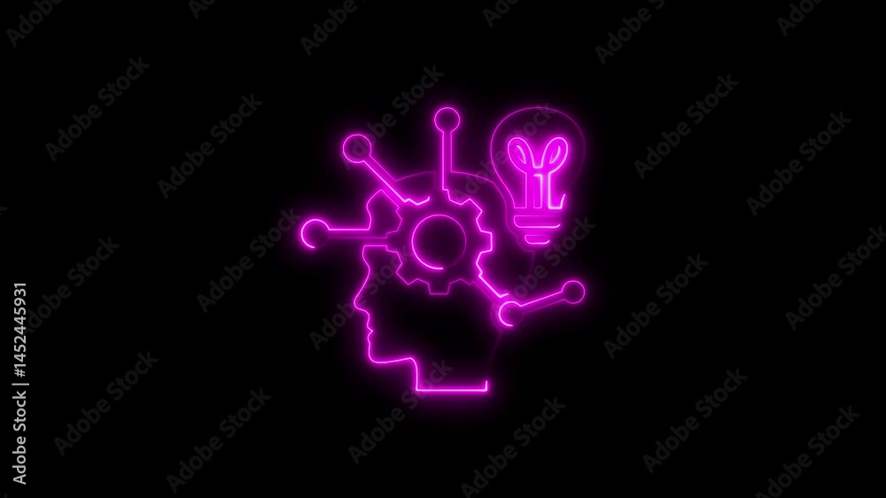 Illuminated neon brain idea with gear and lightbulb on a black background Illuminated neon brain idea with gear and lightbulb on a black background