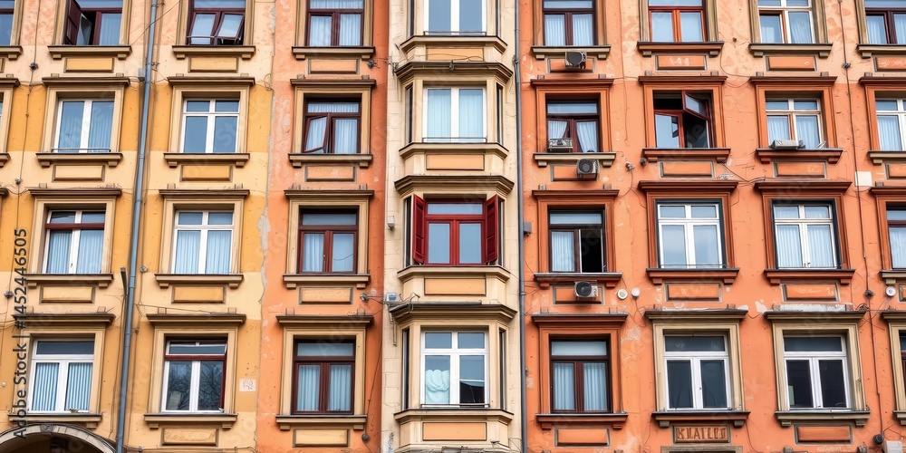 Fototapeta premium Budapest panel apartment building facade, many windows, weathered texture, concrete, background