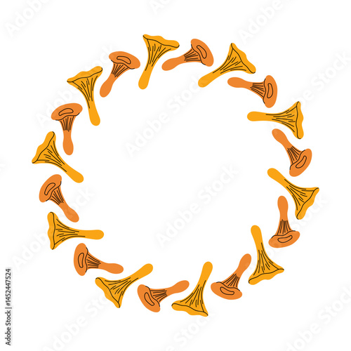 Round frame with chanterelle mushrooms. Circular arrangement of orange chanterelle mushrooms in a playful design inspired by nature