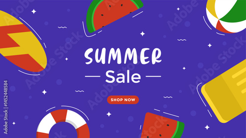 Summer sale horizontal banner template with watermelon, beach ball, and surfboard on blue background for advertisement