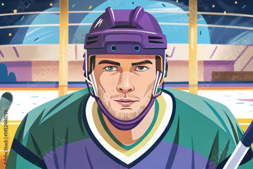 ice hockey player portrait on ice rink vector. Dynamic sports moment ideal for athletic branding, competition visuals, and winter team sport