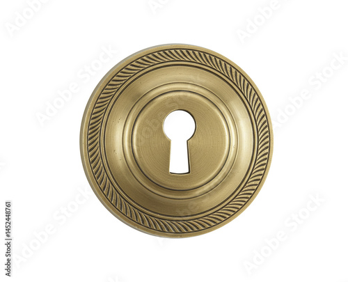 Antique brass keyhole escutcheon close up vintage door hardware old lock detail isolated on transparent background